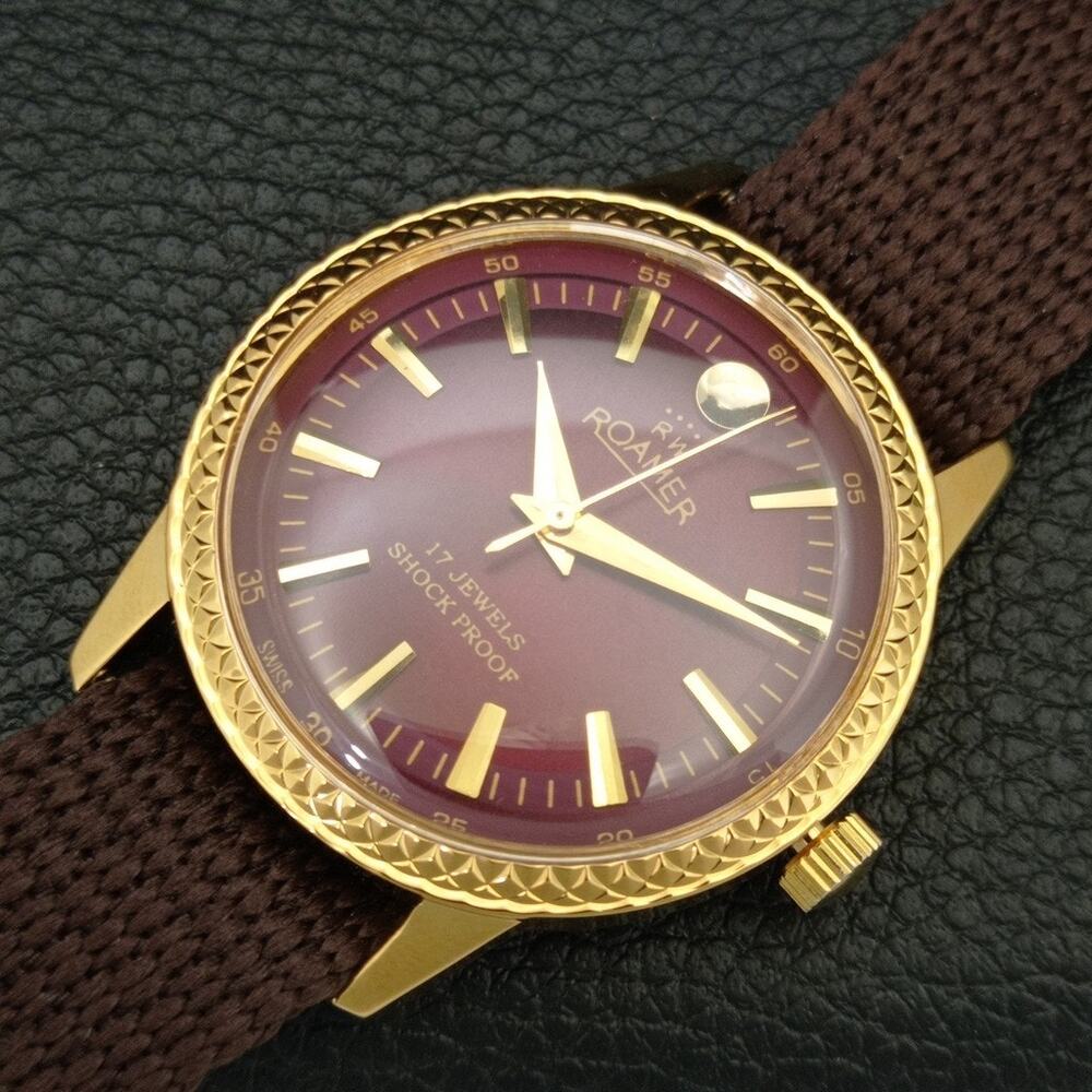 Vintage 1984 Roamer Manual Mens Gold Watch W/Nato Strap & Red accents - Picture 6 of 9
